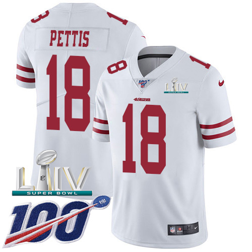 San Francisco 49ers Nike #18 Dante Pettis White Super Bowl LIV 2020 Men Stitched NFL 100th Season Vapor Limited Jersey